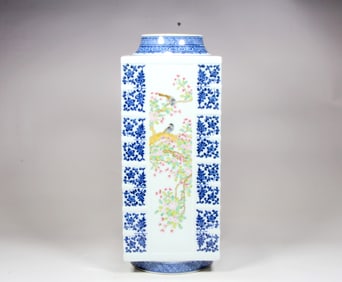 A BLUE AND WHITE 'BIRD AND FLORAL'CONG-FORM VASE