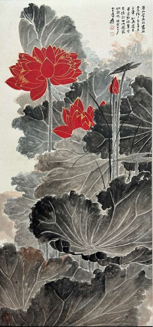 A CHINESE HAND PAINTING WITH THE MARK OF ZHANG DAQIAN: A CHINESE HAND PAINTING WITH THE MARK OF ZHANG DAQIAN 99*47CM