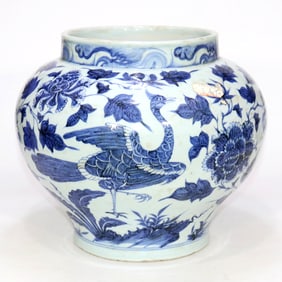 A BLUE AND WHITE 'PHOENIX AND FLOWER' JAR