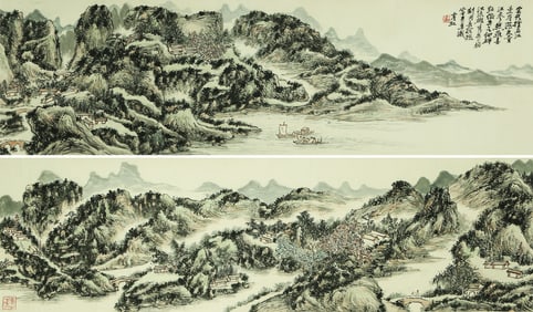 A CHINESE LONG SCROLL HAND PAINTING WITH THE MARK OF HUANG BINHONG