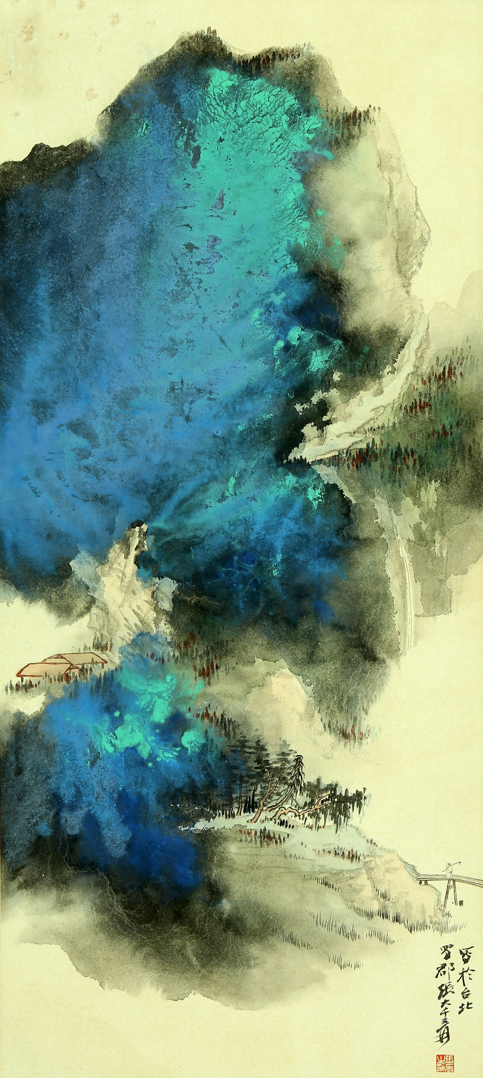 A CHINESE HAND PAINTING WITH THE MARK OF ZHANG DAQIAN: A CHINESE HAND PAINTING WITH THE MARK OF ZHANG DAQIAN 91*39CM