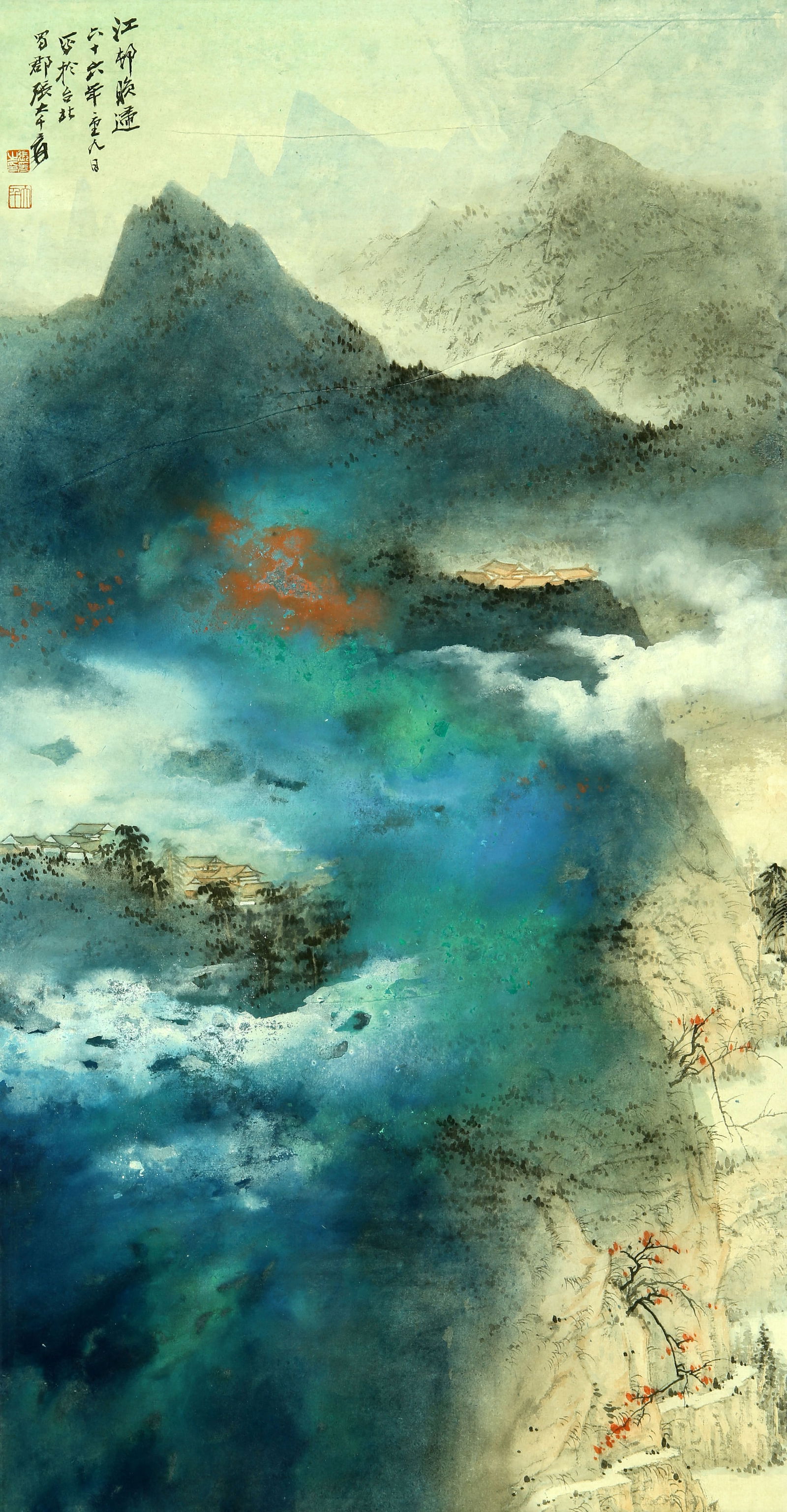 A CHINESE HAND PAINTING WITH THE MARK OF ZHANG DAQIAN: A CHINESE HAND PAINTING WITH THE MARK OF ZHANG DAQIAN 94*49CM