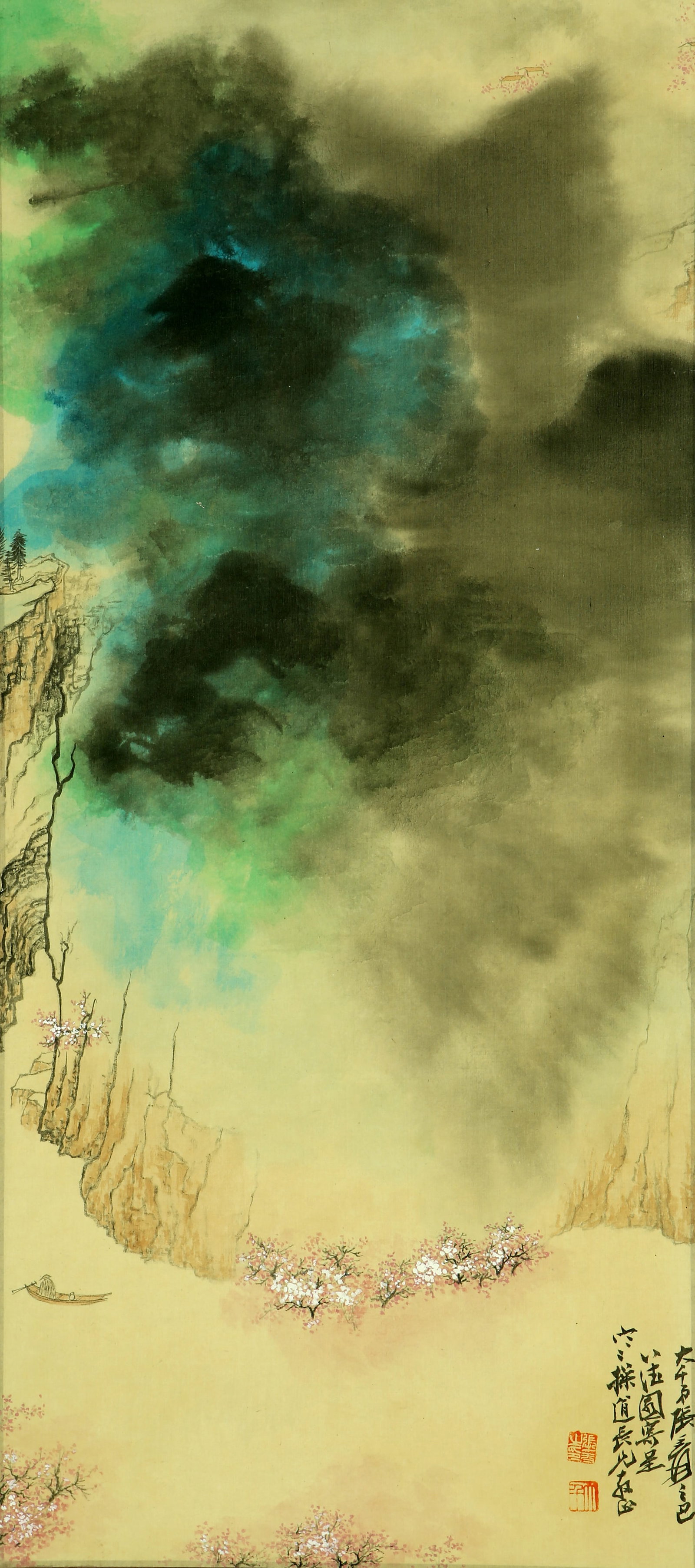 A CHINESE HAND PAINTING WITH THE MARK OF ZHANG DAQIAN: A CHINESE HAND PAINTING WITH THE MARK OF ZHANG DAQIAN 70*34CM