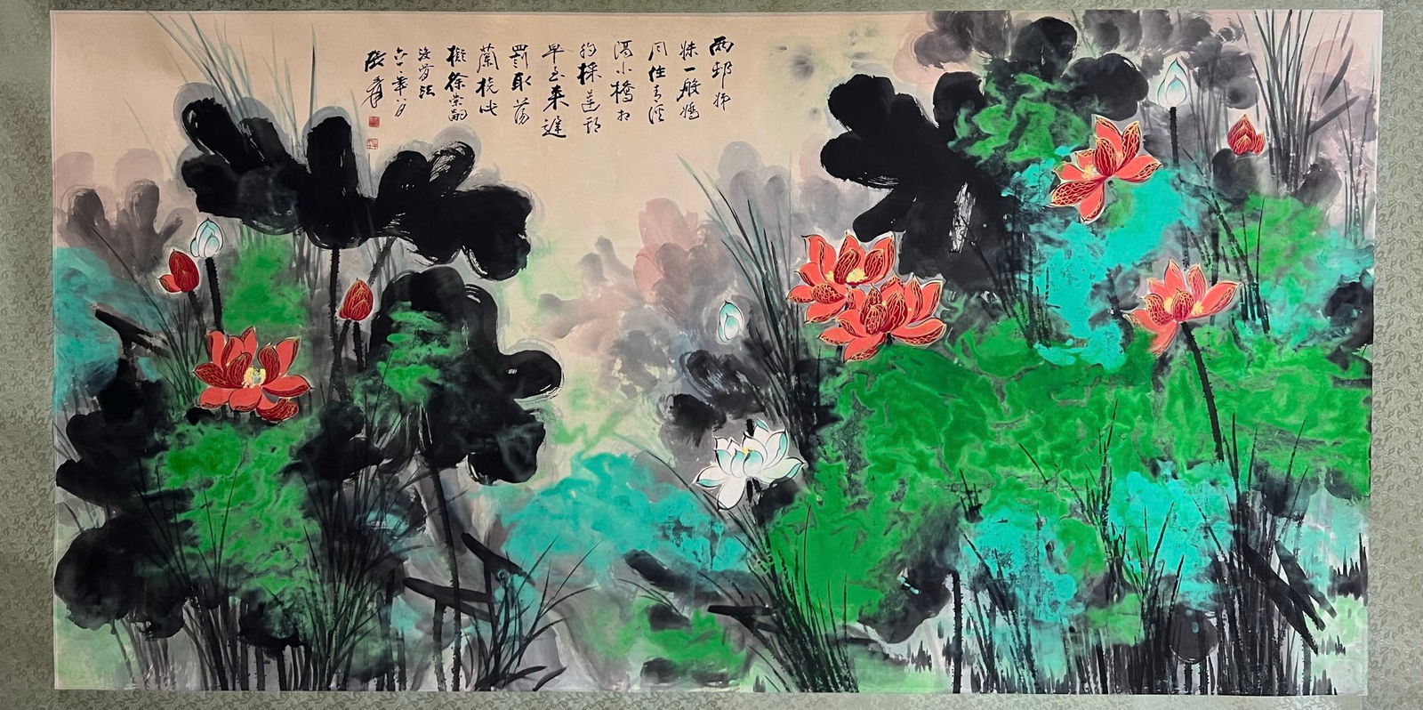 Chinese Drawing Colored Lotus Flower Painting,Zhang  Daqian Mark