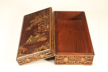 Huanghuali Wood Colour Painted Gold Drawing Landscape and Character Pattern Lid Box