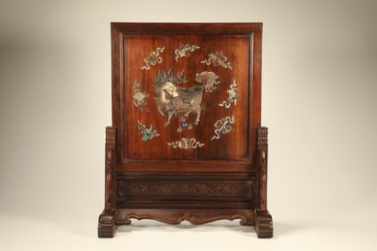 Huanghuali Wood Inlaid Gem Stone Carved Kirin and Eight Treasure Pattern Table Plaque