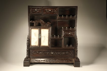 Red Sandalwood Inlaid Jade Carved Dragon Pattern Table Plaque