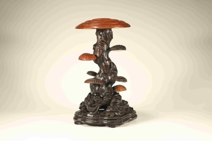Red Sandalwood Inlaid Huanghuali Wood Carved Reishi Mushroom Shape Incense Burner