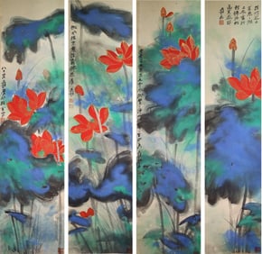 Group of Four Chinese Drawing Colored Lotus Flower Painting,Zhang Daqian Mark