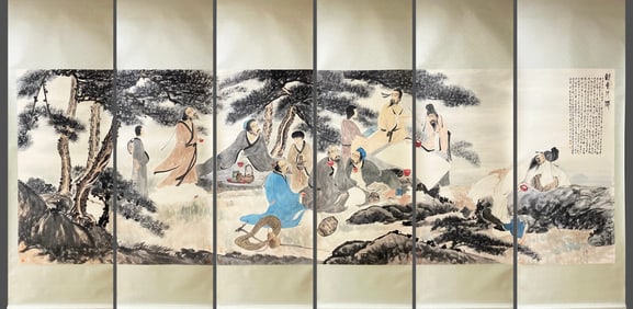 Group of Six Chinese Drawing Pine Tree and Character Painting,Fu Baoshi Mark