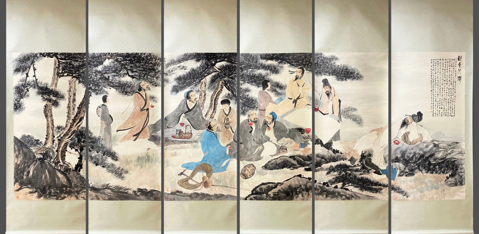 Group of Six Chinese Drawing Pine Tree and Character Painting,Fu Baoshi Mark: Group of Six Chinese Drawing Pine Tree and Character Painting,Fu Baoshi Mark (420 x 140cm)