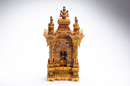 Gilt Bronze Inlaid Gem Stone Carved Flower Pattern Buddha Niche and GuanYin Figure