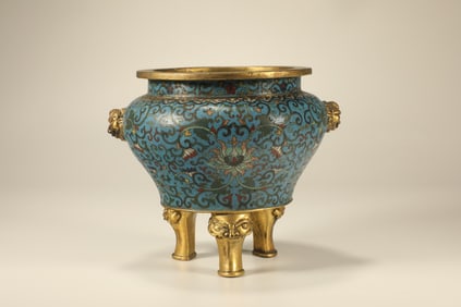 Bronze Cloisonne Carved Flower Pattern Double Lion Ears Incense Burner