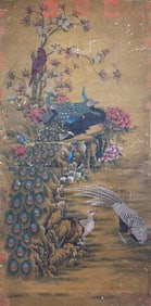 Bian Jingzhao mark, Chinese Peacock and Pheasant Painting, Ink and Color on Silk, Hanging Scroll