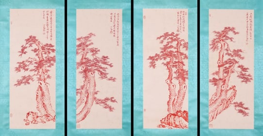 Pu Ru mark, Four Chinese Pine Tree Paintings, Ink and Color on Paper, Hanging Scroll
