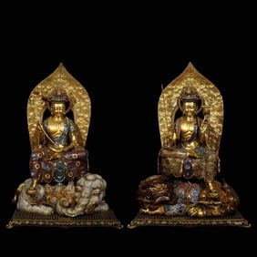 Pair of Bronze Cloisonne Carved Manjushri and Samantabhadra Figure