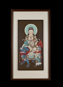 Chinese Drawing GuanYin Painting Wood Frame,Zhang Daqian Mark