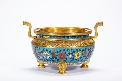 Bronze Cloisonne Carved Flower Pattern Double Ears Incense Burner