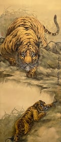 Zhang Daqian mark, Chinese Tiger Painting, Ink and Color on Silk, Hanging Scroll