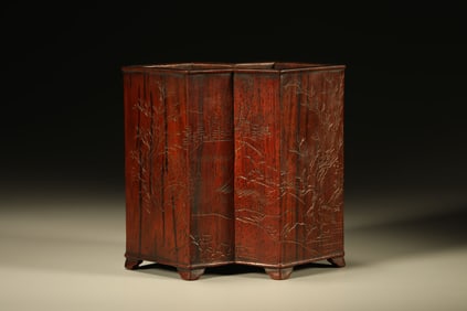 Huanghuali Wood Carved Landscape Pattern Brush Pot