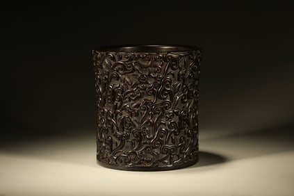 Red Sandalwood Carved Reishi Mushroom Pattern Brush Pot