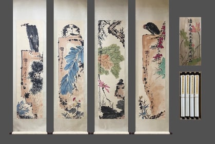 Group of Four Chinese Drawing Flower and Eagle Painting,Pan Tianshou Mark