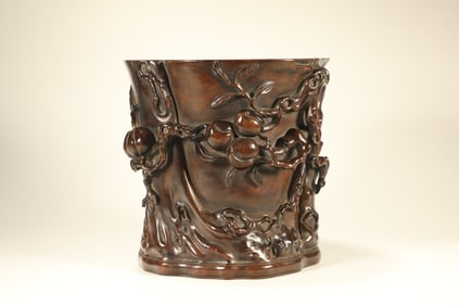 Red Sandalwood Carved Peach Pattern Brush Pot