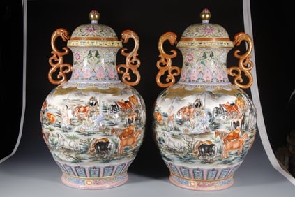 Pair of Famille Rose Character Story and Horse Pattern Porcelain Lid Pot