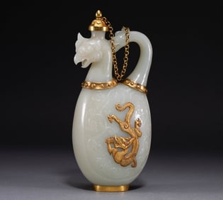 Jade Inlaid Solid Gold Carved Dragon Pattern Phoenix Shape Vase