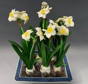 Pottery Carved Flower Shape Figure and Blue and White Flower Pattern Porcelain Pot