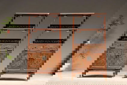 Pair of Huanghuali Wood Carved Flower and Dragon Pattern Cabinet