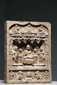 Grey Stone Carved Buddha Pattern Buddha Niche