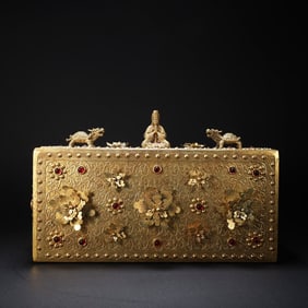 Gilt Bronze Inlaid Gem Stone Carved Flower and GuanYin Pattern Lid Box
