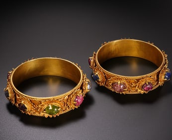 Pair of Solid Gold Inlaid Gem Stone Carved Flower Pattern Bangle