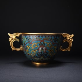 Bronze Cloisonne Carved Flower Pattern Double Dragon Ears Cup and Plate