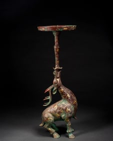 Chinese Bronze Gold and Silver Inlaid Carved Deer Shape Candlestick