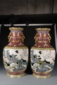 Pair of Famille Rose Landscape and Phoenix Pattern Porcelain Double Ears Vase