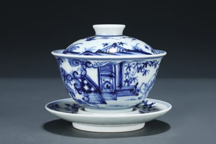 Blue and White Character Story Pattern Porcelain Lid Cup
