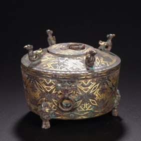 Chinese Bronze Gold and Silver Inlaid Carved Phoenix Pattern Lid Pot