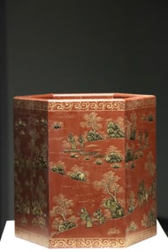 Lacquerware Carved Landscape and Character Story Pattern Brush Pot