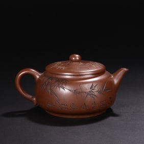 Purple Clay Carved Bamboo and Poetry Pattern Teapot