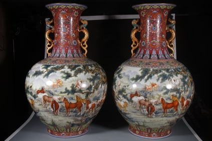 Pair of Famille Rose Horse Pattern Porcelain Double Dragon Ears Vase