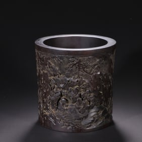 Red Sandalwood Carved Landscape and Character Story Pattern Brush Pot