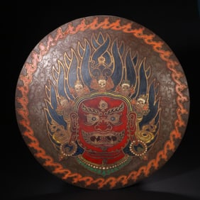 Tibetan Iron Colour Painted Gold Drawing Yamantaka Pattern Shield