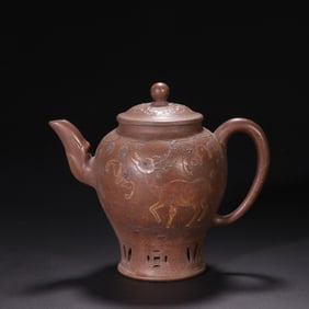 Purple Clay Carved Deer and Bat Pattern Teapot