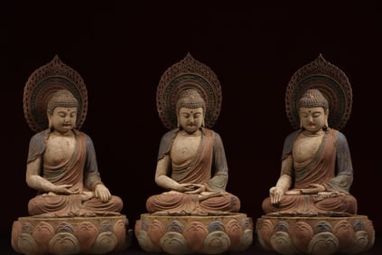 Group of Three Stone Colour Painted Mahasthamaprapta and Amitabha & Avalokitesvara Figure