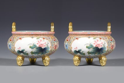 Pair of Famille Rose Lotus Flower and Bird Pattern Porcelain Double Ears Incense Burner