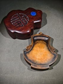 Huanghuali Wood Carved Fu Pattern Lid Box and Bronze Ink Stone