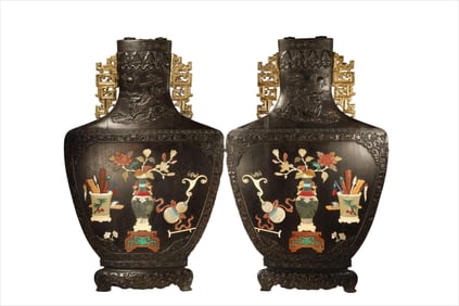 Pair of Red Sandalwood Gold Drawing Inlaid Gem Stone Carved Flower and Flower Pot Pattern Wall Panel