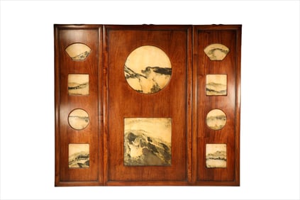 Huanghuali Wood Inlaid Marble Wall Panel